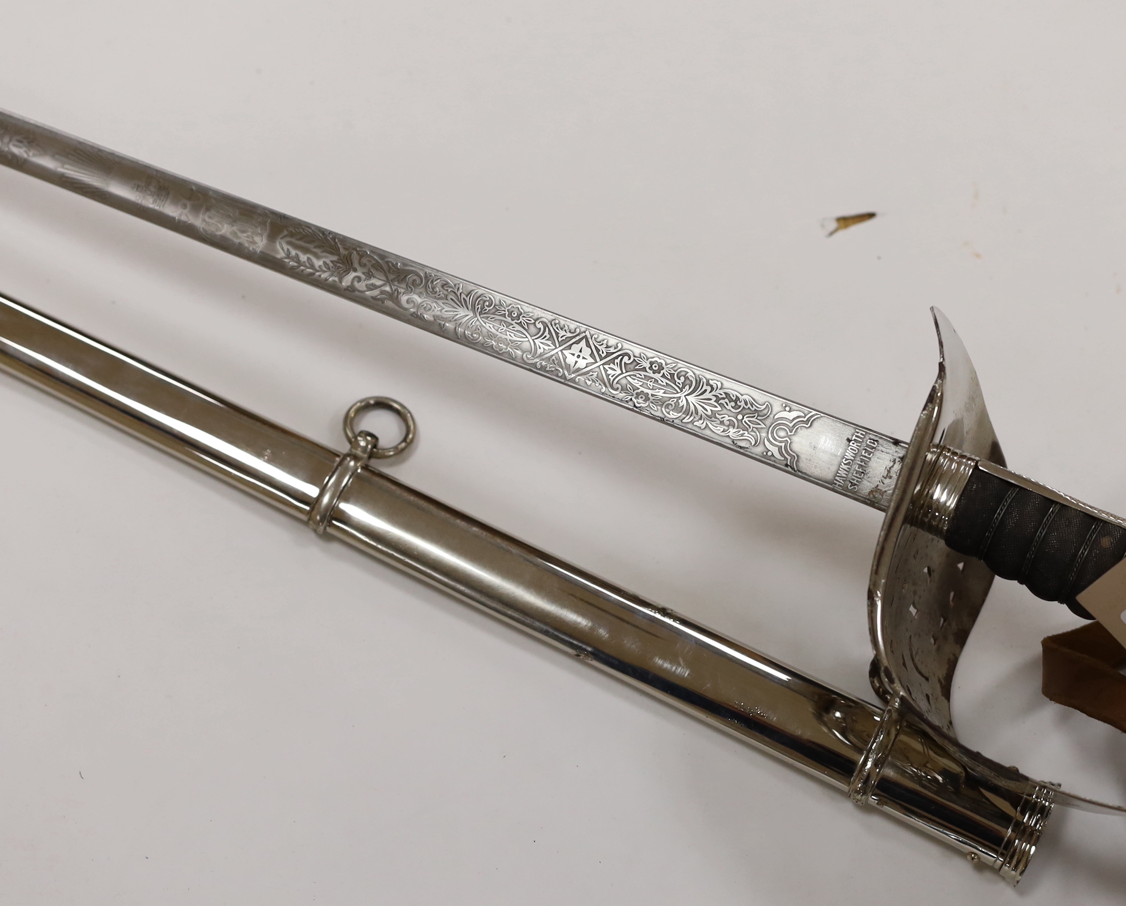 A George V officer's sword, maker Hawksworth Sheffield, in chromed scabbard, blade 82cm